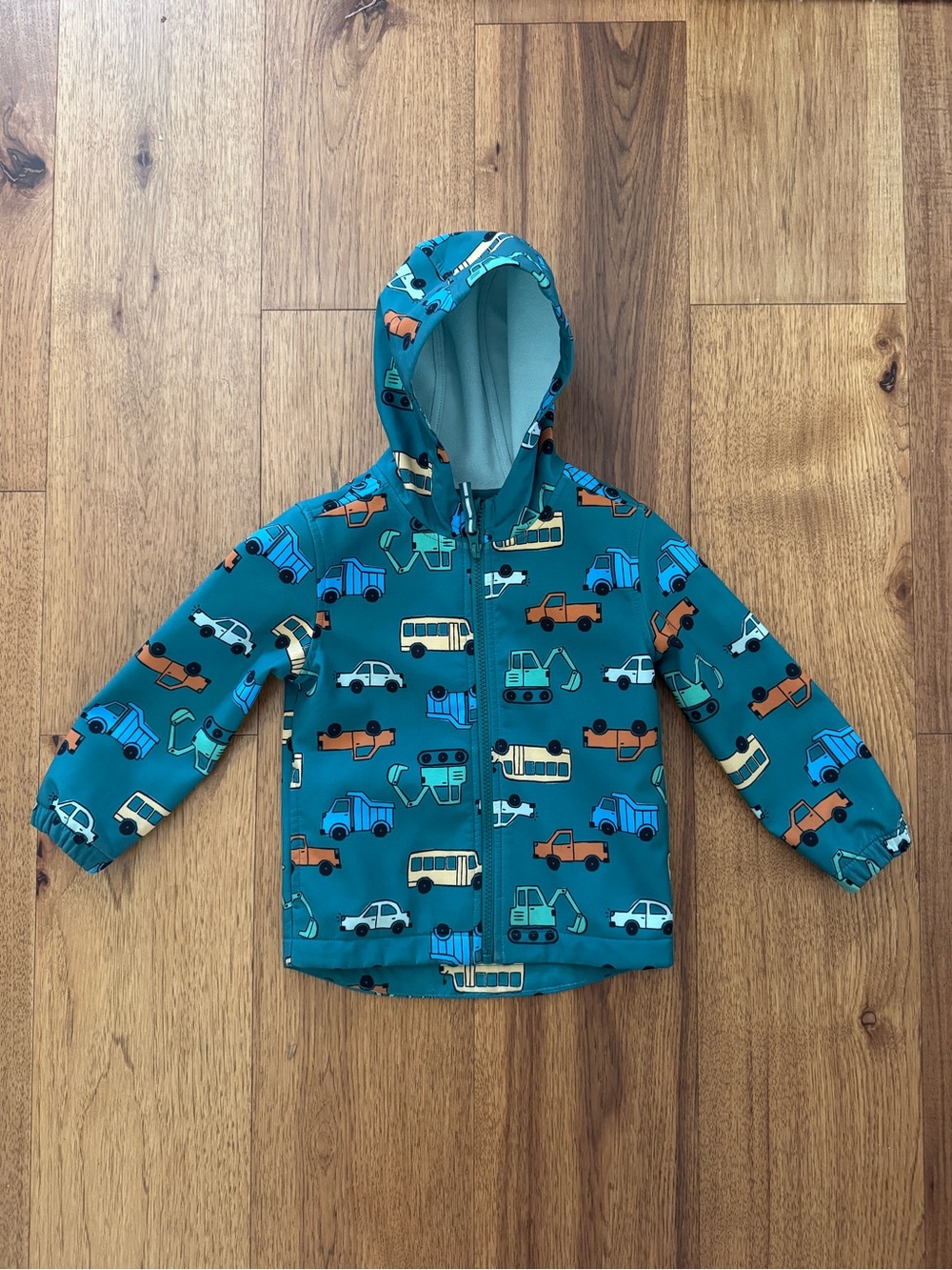 Cat & Jack Green Hooded Softshell Kids Jacket with Multicolor Vehicle Print